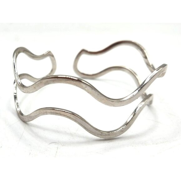 Twin Wave Abstract Cuff Silver Tone Bracelet - Picture 1 of 2
